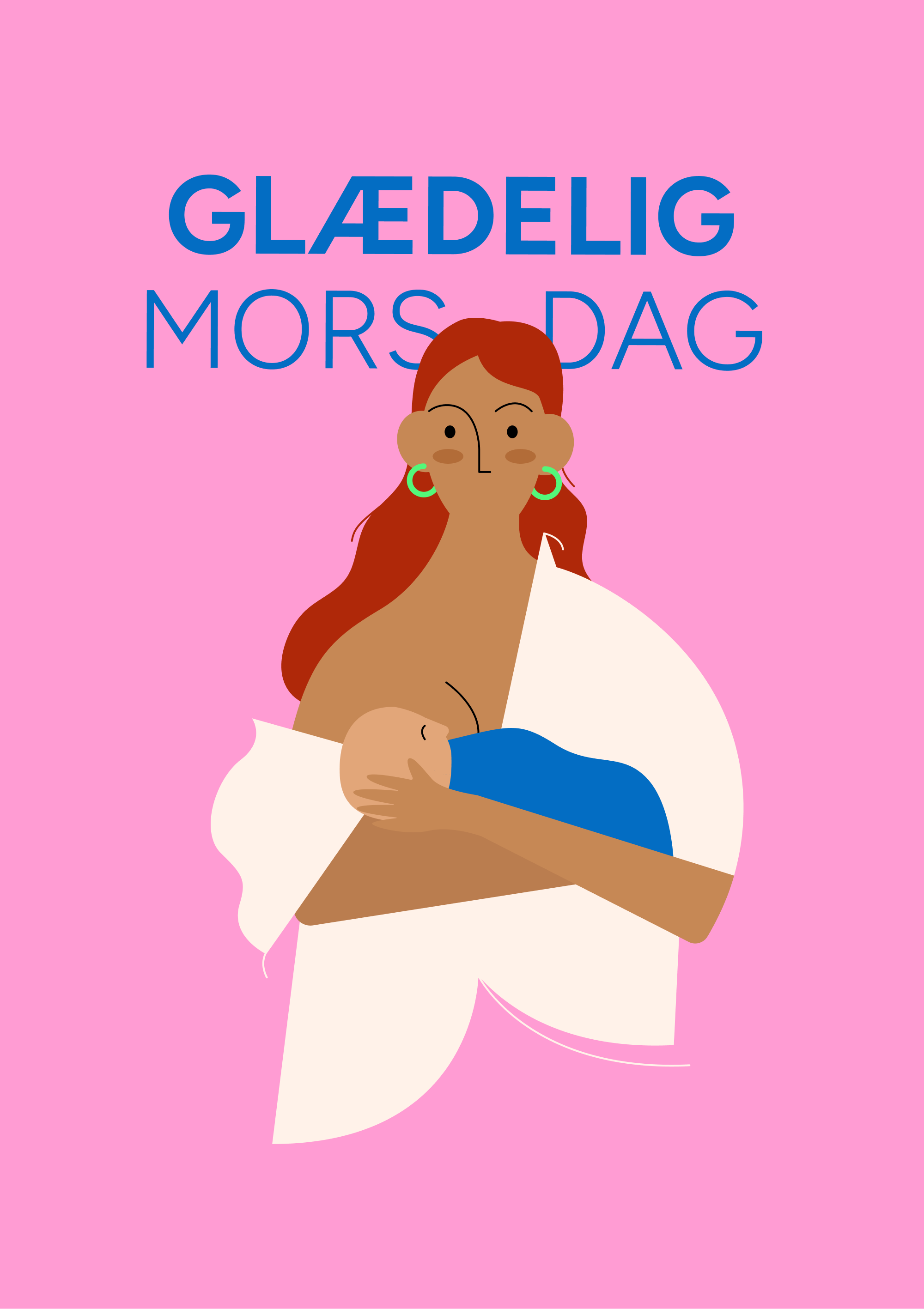 Illustration af mor, der ammer sit barn, med farverig baggrund og forskellig hudfarve/hårfarve på mor og barn. Teksten "Glædelig Mors Dag".