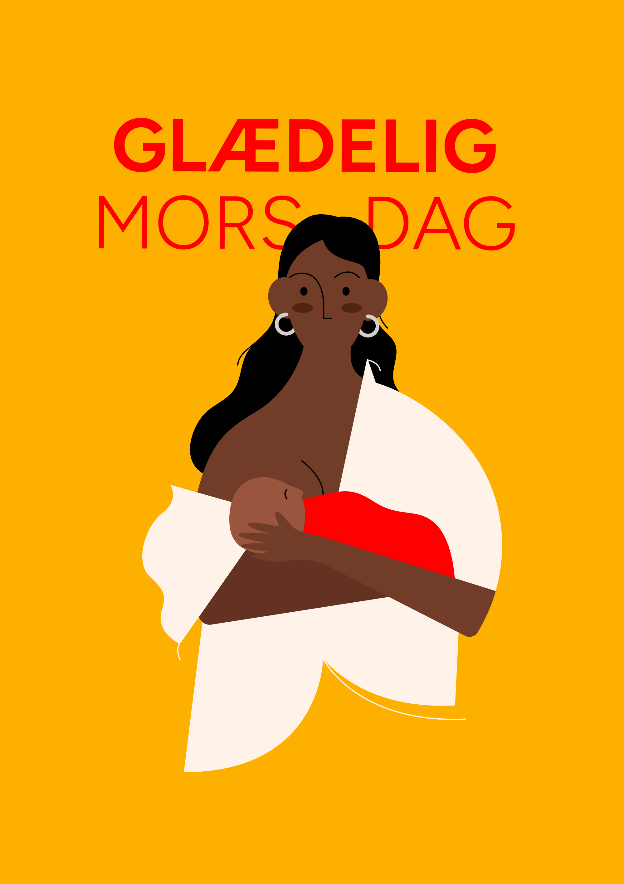 Illustration af mor, der ammer sit barn, med farverig baggrund og forskellig hudfarve/hårfarve på mor og barn. Teksten "Glædelig Mors Dag".