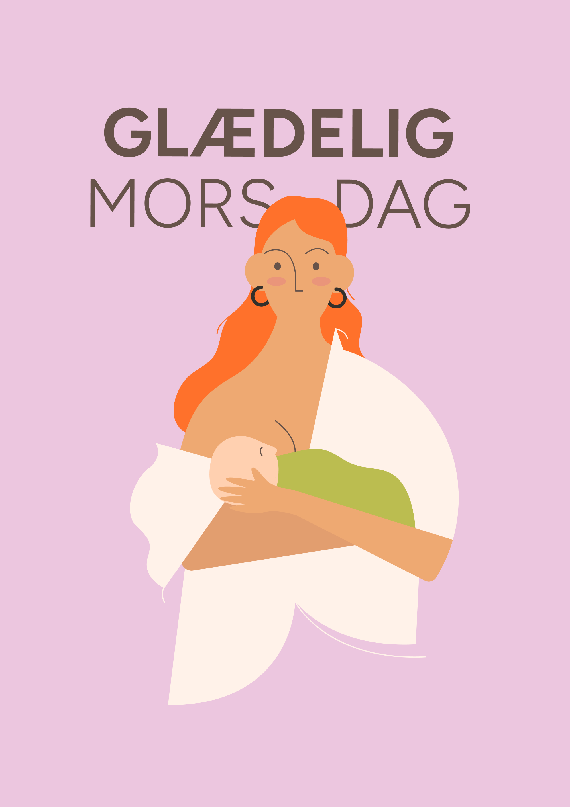 Illustration af mor, der ammer sit barn, med farverig baggrund og forskellig hudfarve/hårfarve på mor og barn. Teksten "Glædelig Mors Dag".