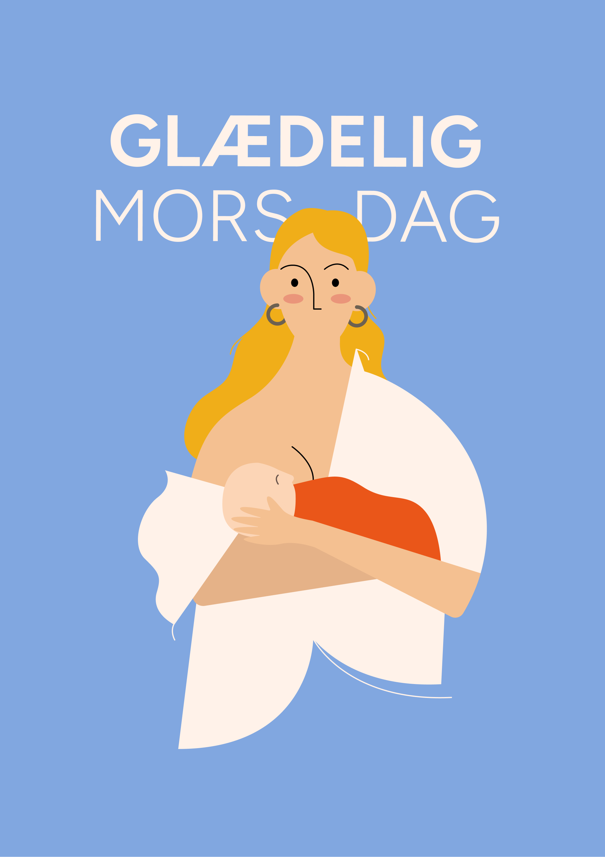 Illustration af mor, der ammer sit barn, med farverig baggrund og forskellig hudfarve/hårfarve på mor og barn. Teksten "Glædelig Mors Dag".