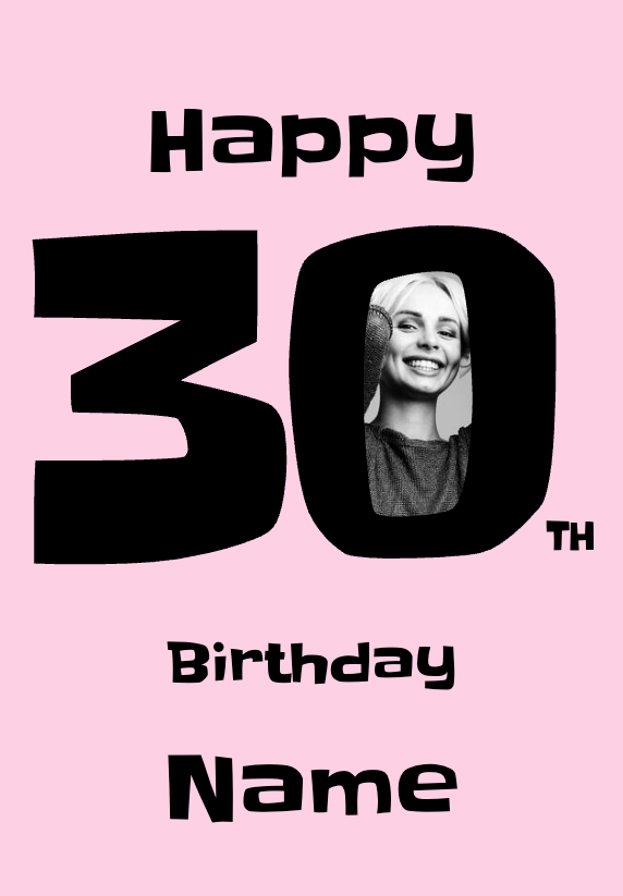 Et moderne og personligt 30 års fødselsdagskort i pink design med navn og billede på forsiden. 
