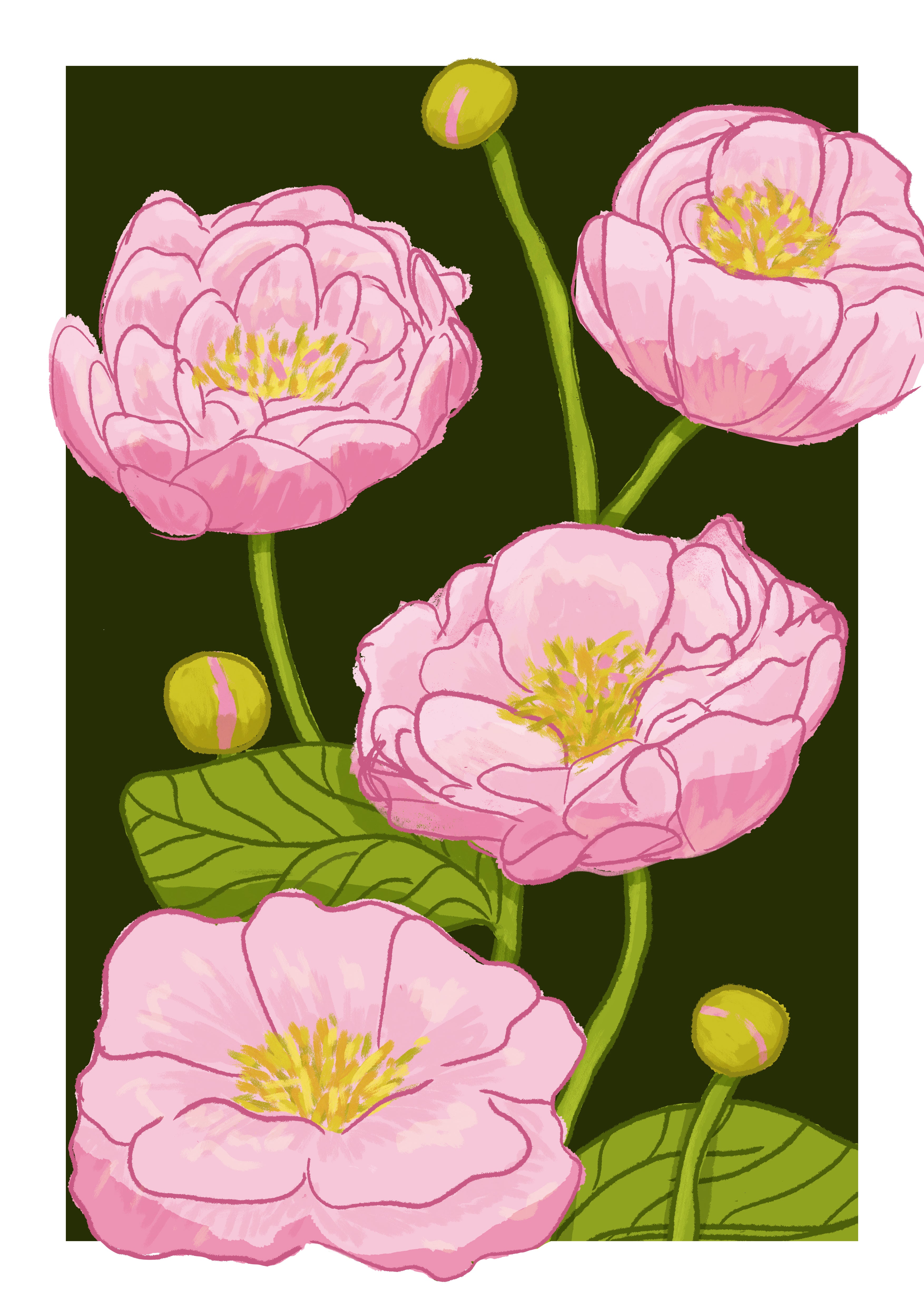 Illustreret kort med rosa pæoner og grønne blade på mørkegrøn baggrund, designet af Positiv Cookie.