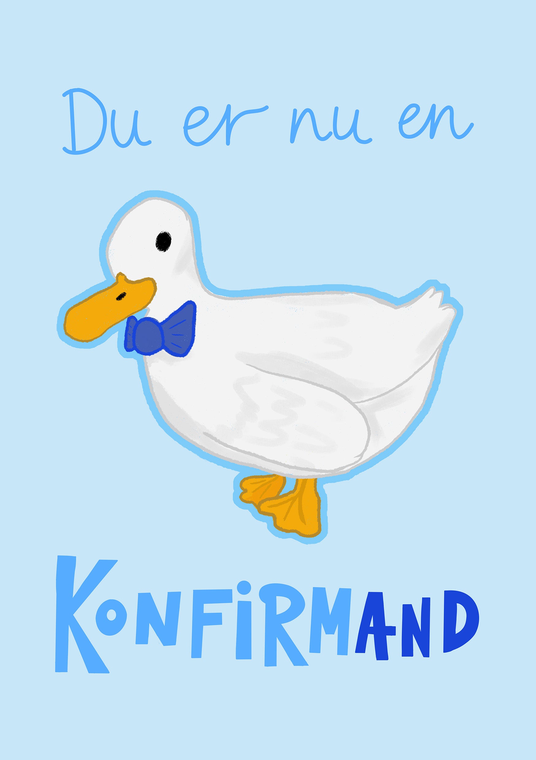 Konfirmationskort med teksten "Du er nu en konfirmand" og illustration af en hvid and med blå butterfly på lyseblå baggrund.