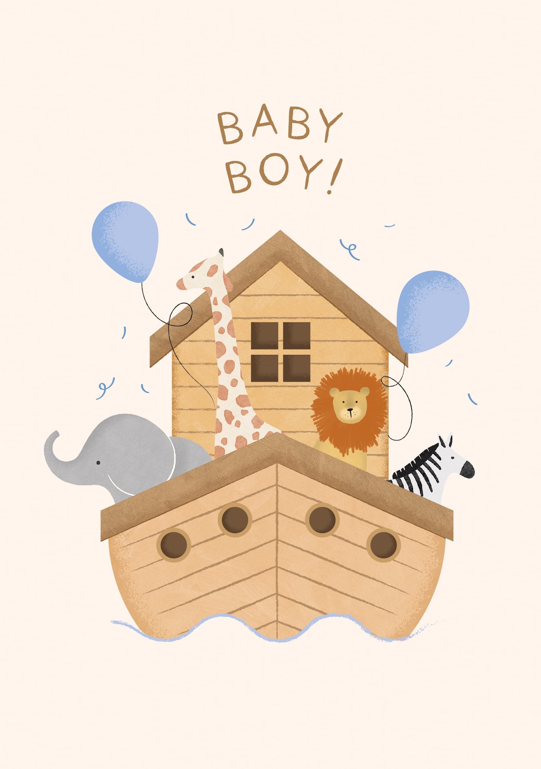 BABY BOY - Sødt velkomstkort til nyfødt dreng. Et bedårende kort til at fejre en ny lille drengs ankomst. Med illustration af Noahs ark og søde dyr skaber kortet en varm og kærlig stemning. Perfekt som dåbskort eller lykønskningskort til nyfødte.