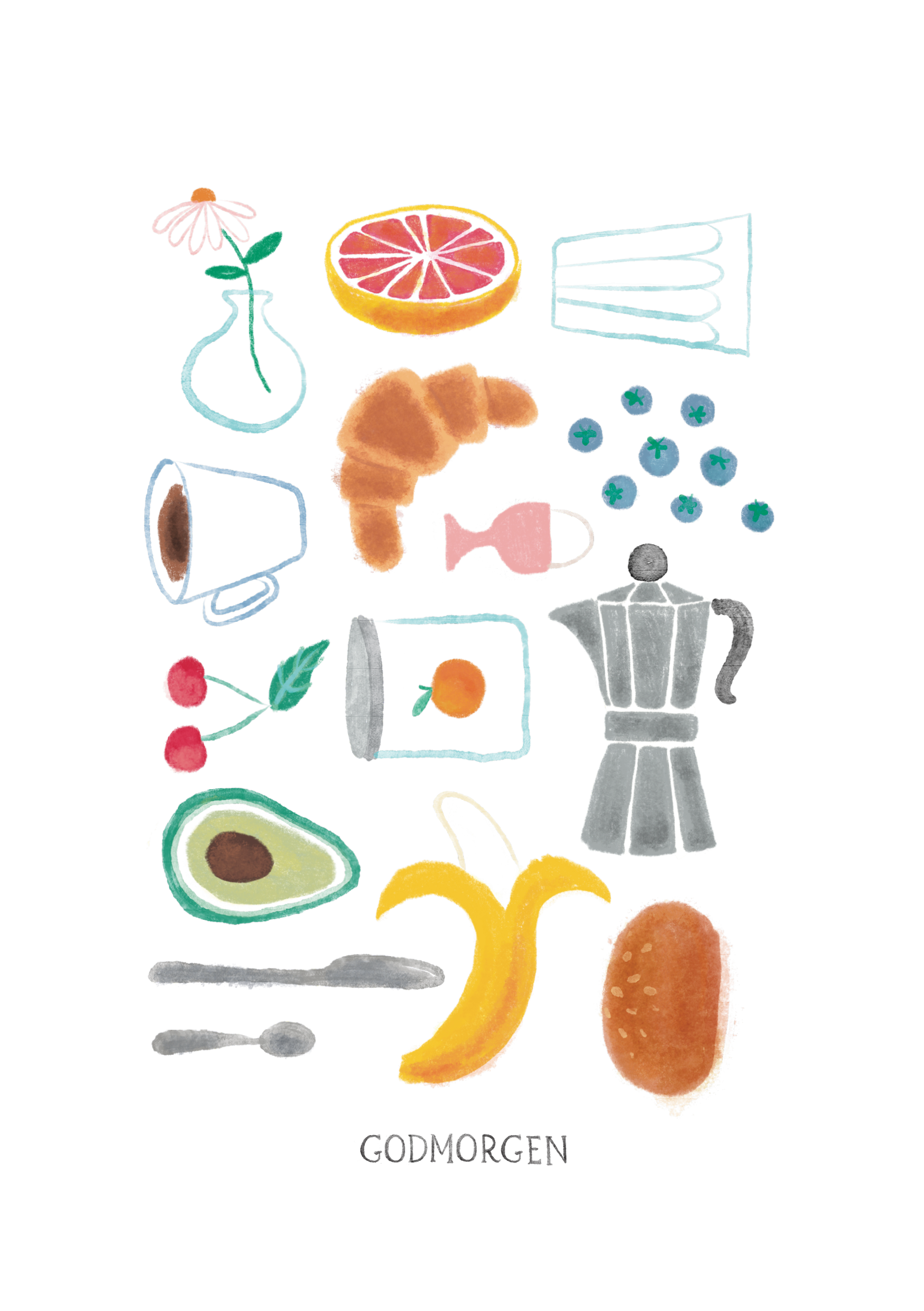 Illustration af morgenmad med kaffe, croissant, frugt, og en espressokande, med teksten "GODMORGEN".