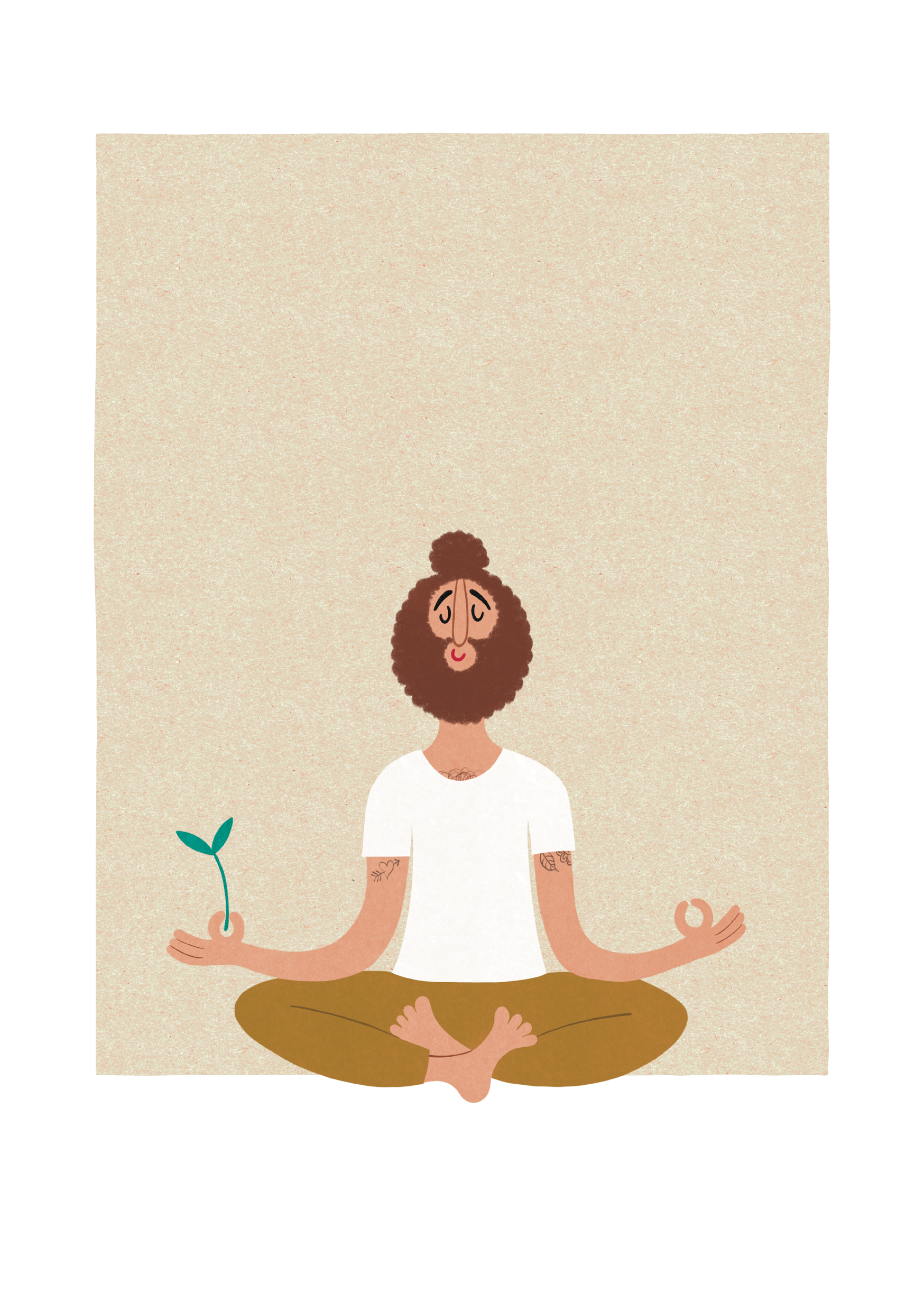 Illustration af en mand med skæg og knold, der sidder i en meditationsstilling med en plante i hånden. 