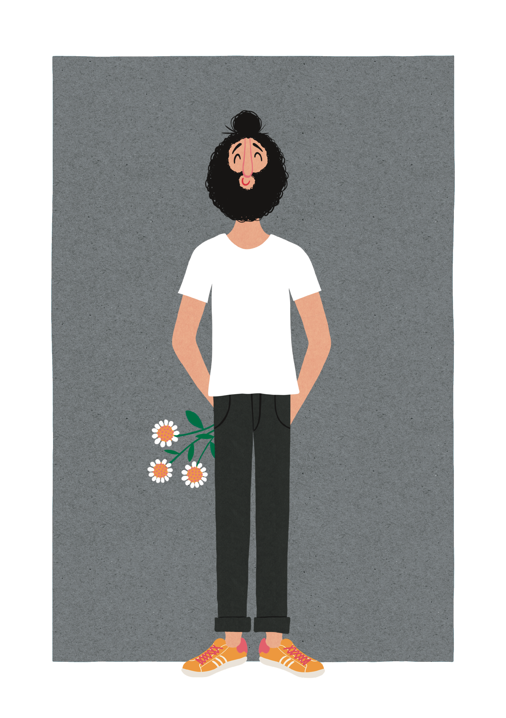 Illustration af en mand i hvid t-shirt og sorte bukser, der holder en buket margueritter bag ryggen.