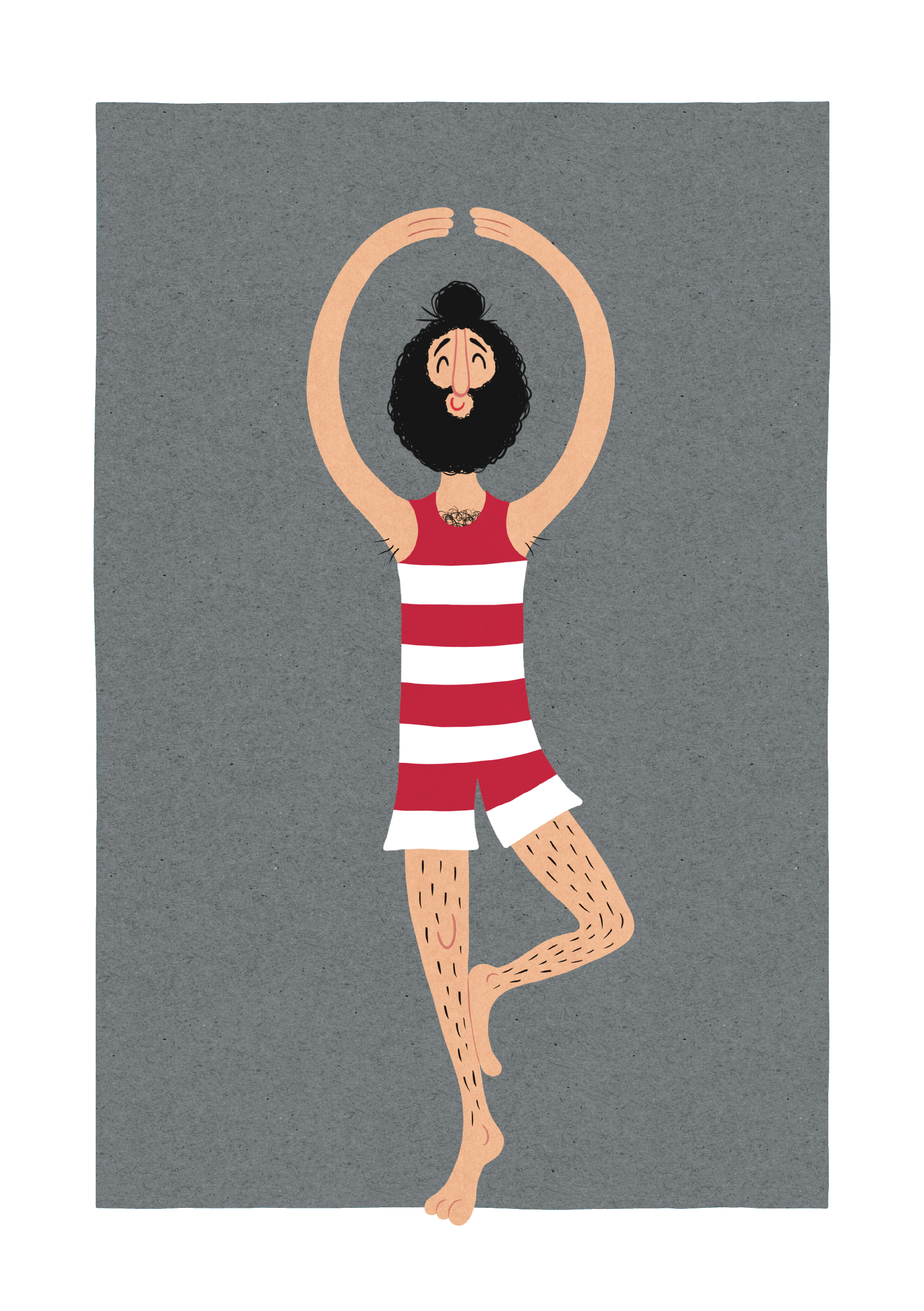 Illustration af en mand med skæg, iført en rød- og hvidstribet dragt, der står i en yoga-balanceposition.