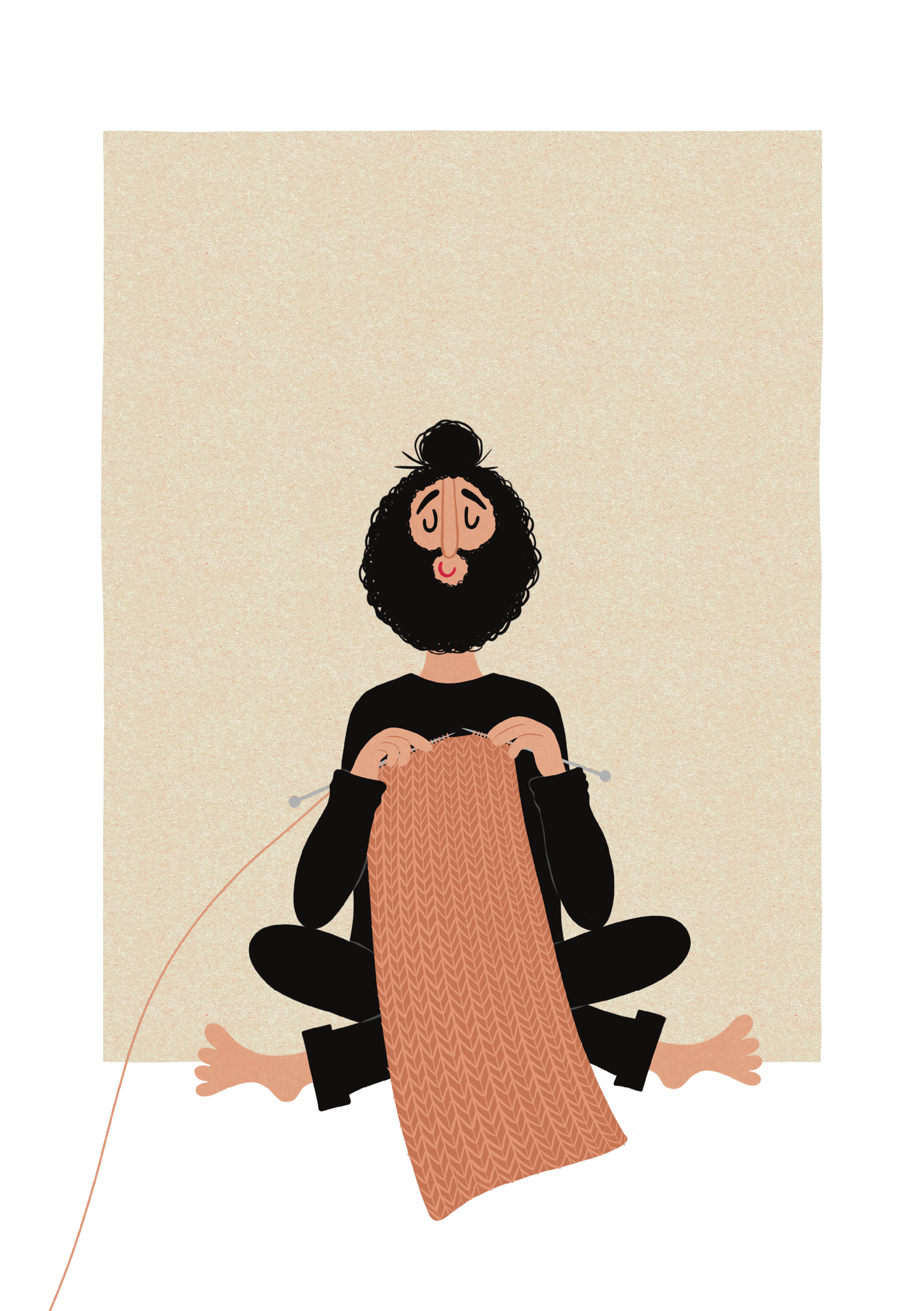 Illustration af en skægget mand i sort tøj, der sidder afslappet og strikker et langt brunt stykke.