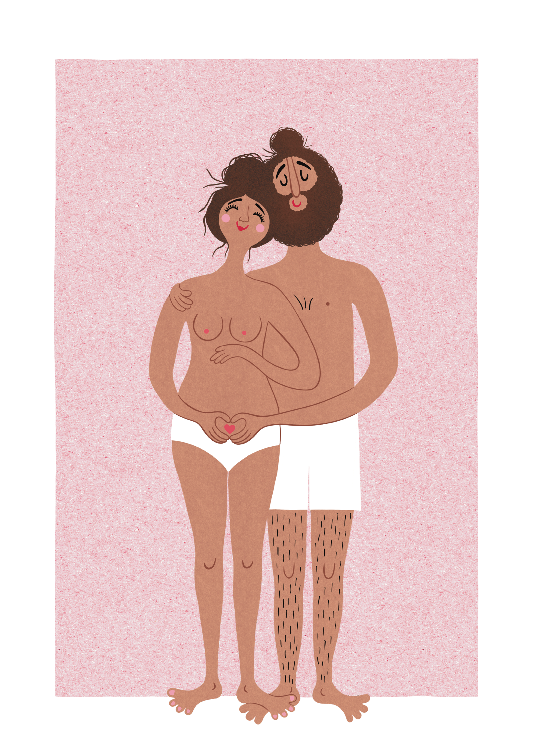 egnet anledningskort med par i undertøj, der omfavner hinanden. Illustration i varme toner, perfekt til kærestekort eller Valentinsdag.