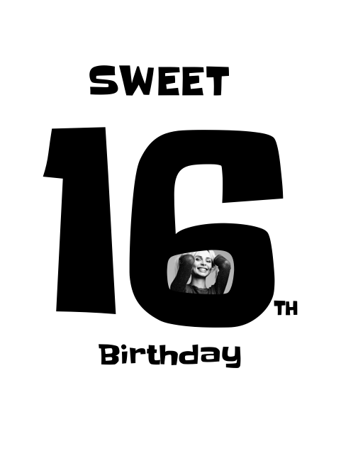 Sort-hvidt fødselsdagskort med teksten “Sweet 16 Birthday” i store, grafiske bogstaver og et moderne ungdommeligt design.